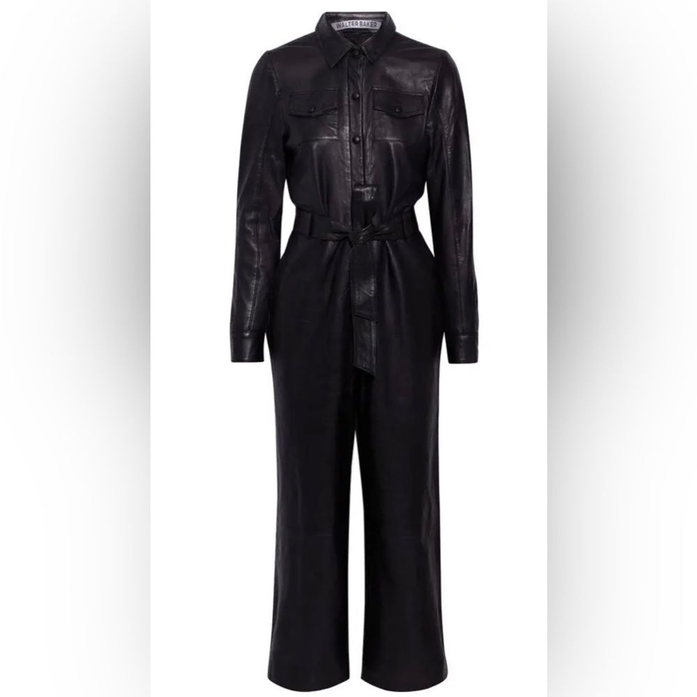 Mickenna Cropped Belted Leather Jumpsuit - Black